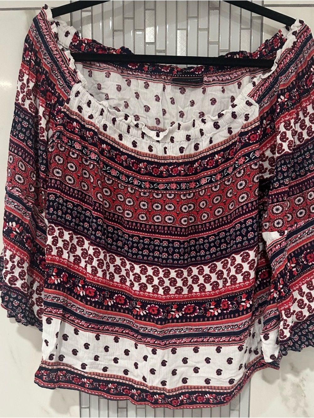 Lane Bryant Red & Navy Boho Off-Shoulder Blouse
